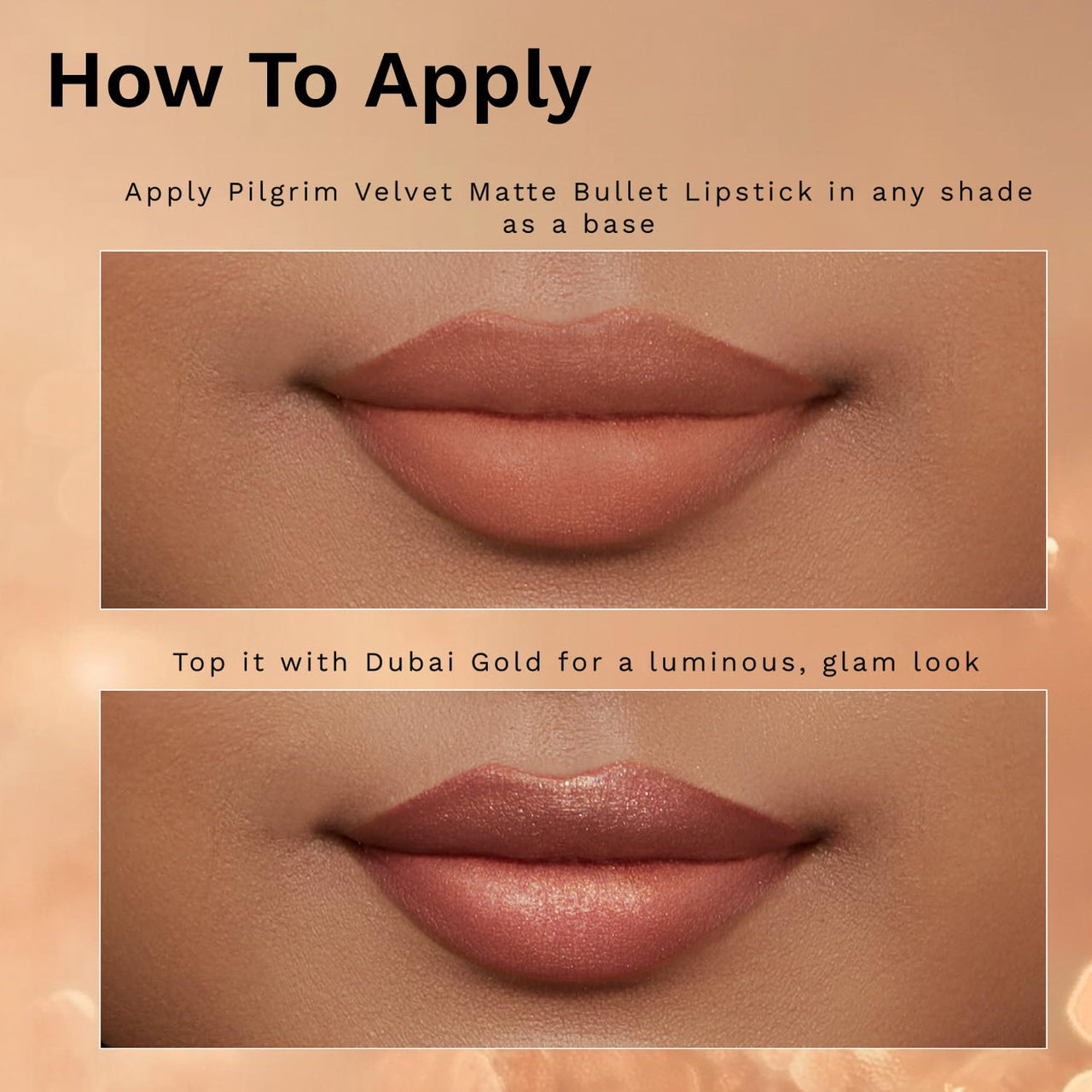 Pilgrim Glitter Lipstick For Women 4.2gm | Dubai Luxe Lifestyle - Dubai Gold Shade | Lipstick Infused with Vitamin E & Olive Oil | Glitter Formula With Matte Finish | Non Drying | All Skin Types