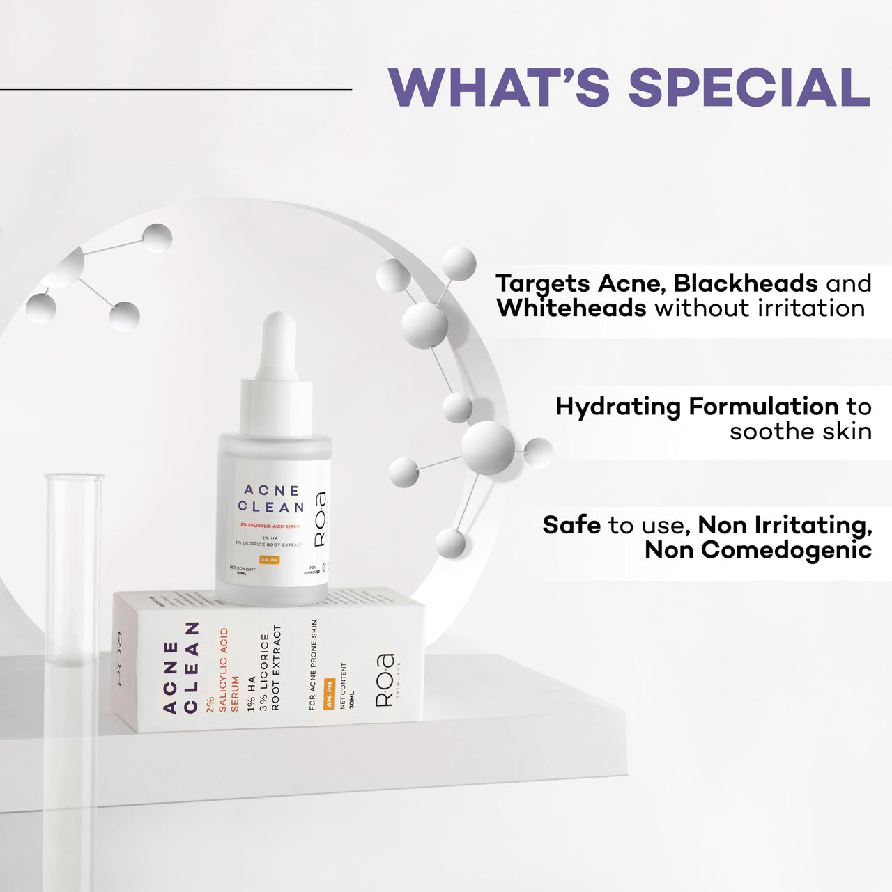 R.O.A Skincare Acne Clean | 2% Salicyclic Acid, 3% Licorice Root Extract, 1% Ha Serum for face acne, blackheads and open pores | Improves skin texture for Acne Prone skin | Men & Women | 30Ml