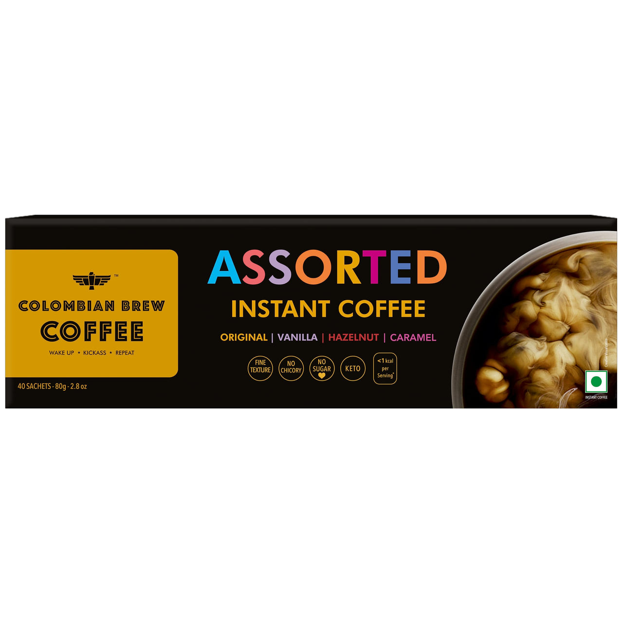 COLOMBIAN BREW COFFEE Colombian Brew Assorted Instant Coffee Powder Box |Gift Pack Box Diwali, Rakhi| 80Gm|Strong,Vanilla,Hazelnut,Caramel|
