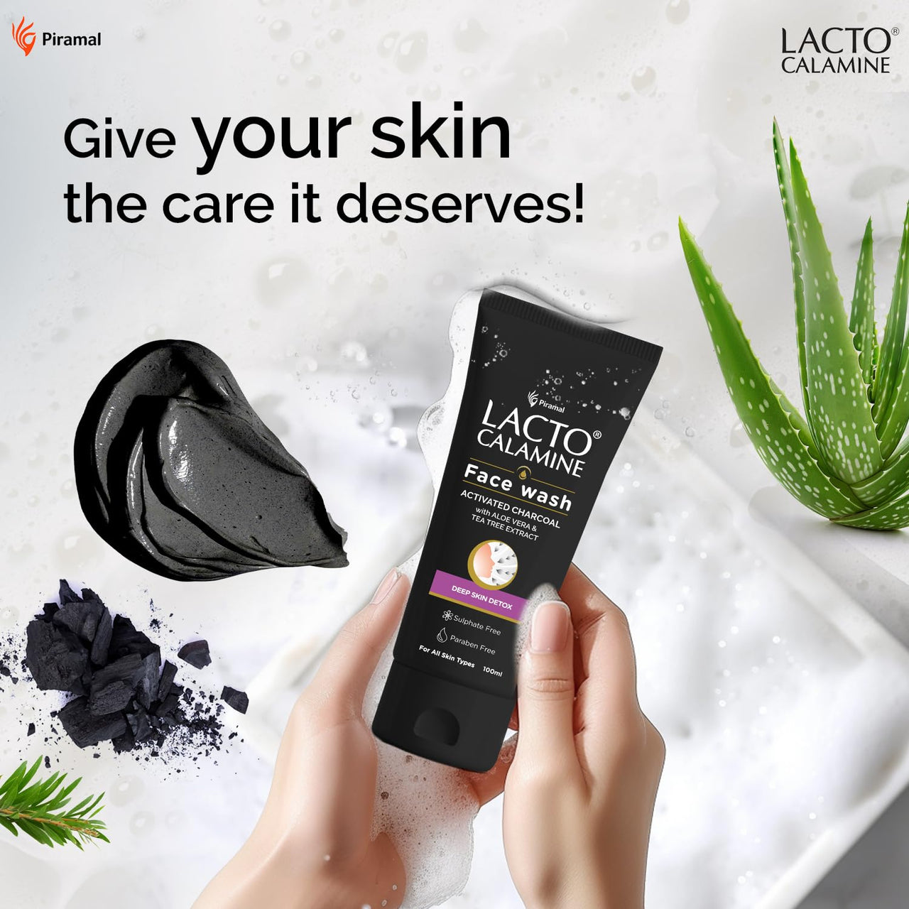Lacto Calamine Activated Charcoal Face Wash with Aloe Vera & Tea Tree Extract for Deep Skin Detox. Removes impurities and fights blackheads & whiteheads. No Parabens, No Sulphates - 100 ml Pack of 1