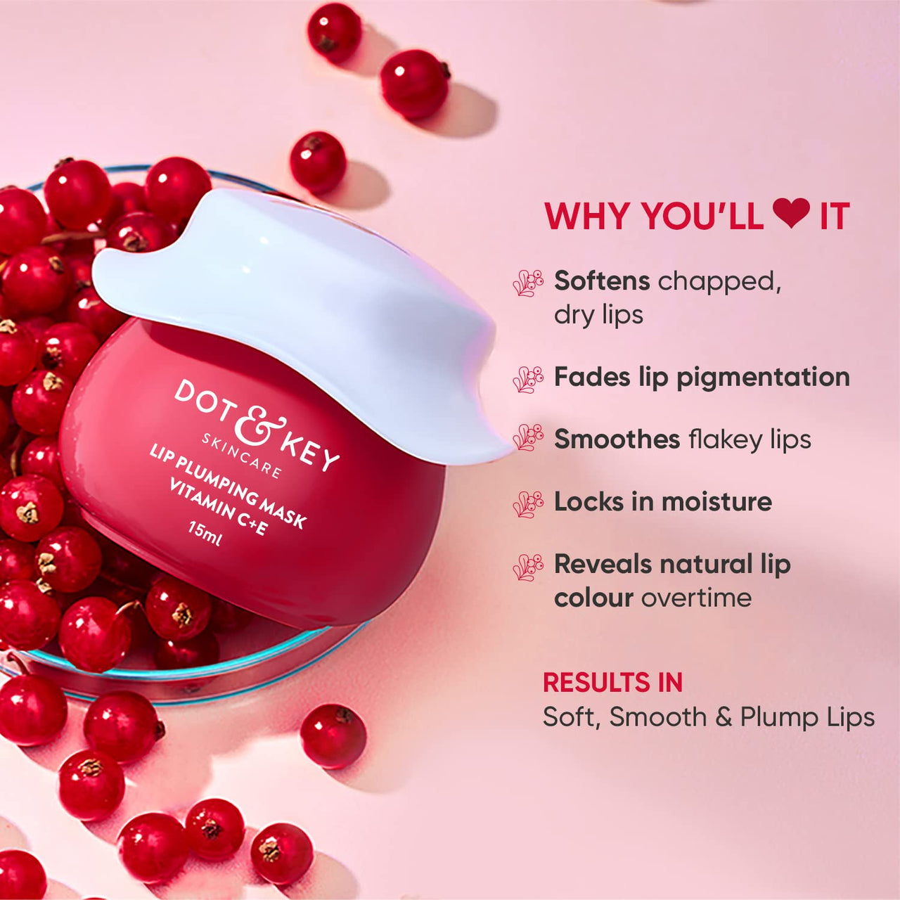 DOT & KEY Lip Plumping Mask With Shea Butter&Vitamin C + E For Naturally Glowing Lips|Smoothes Flaky&Dry Lips|Lip Mask For Soft,Smooth&Plump Lips|(Lingonberry)|15Ml