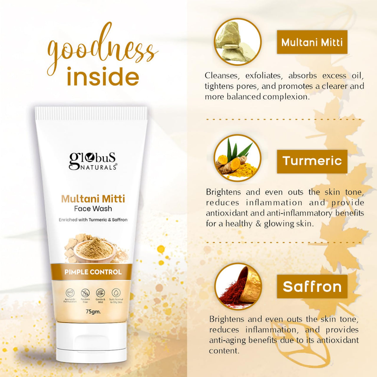 Globus Naturals Multani Mitti Face Wash, Enriched With Turmeric & Saffron, For Pimple Control, Suitable For Oily & Acne Prone Skin, 75 gm