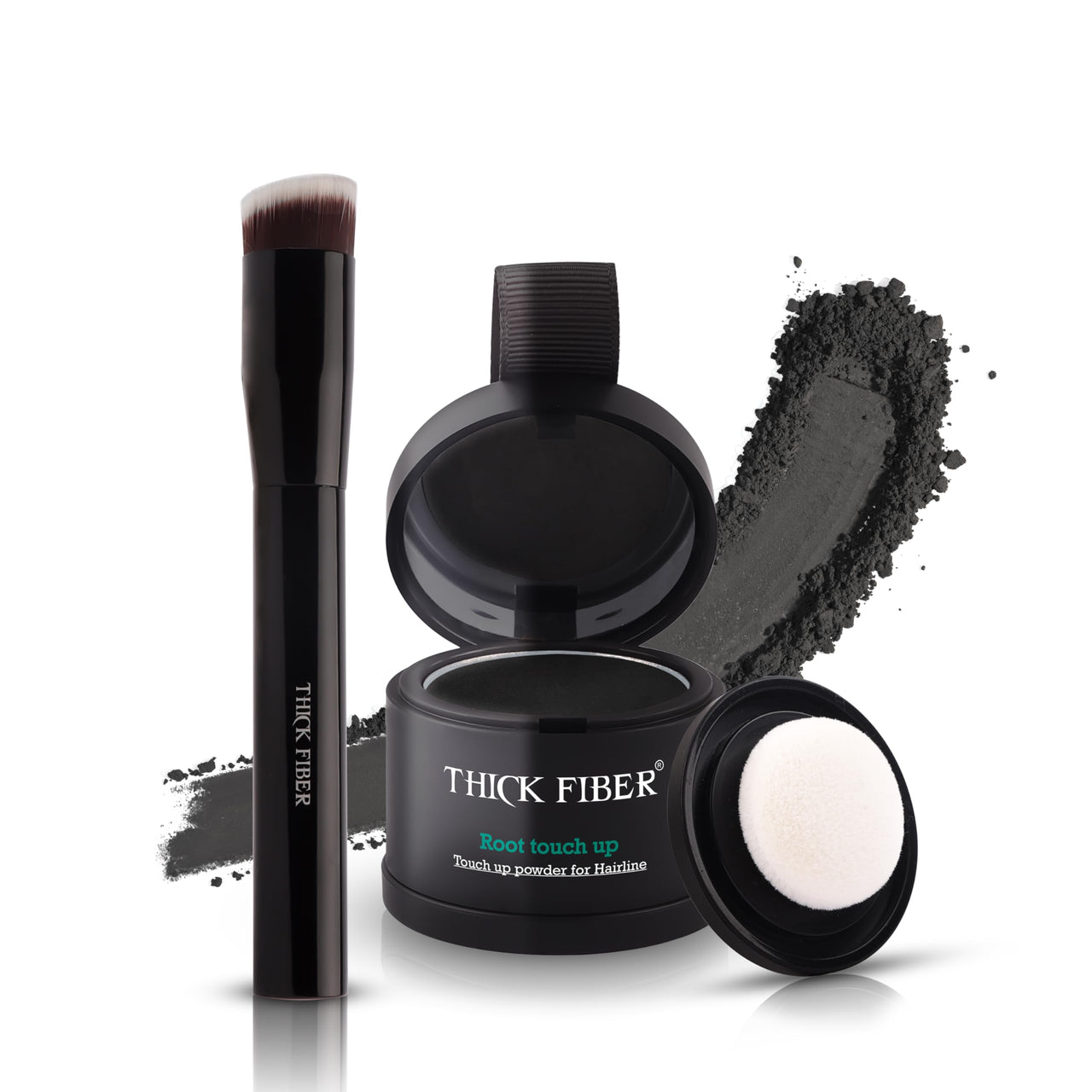 THICK FIBER Root Touch Up Powder, Root Cover for Thin & Bald Head - Water & Sweat Resistant Hair Powder for Thinning Hair Women, Includes Brush (Black) 4 Grams