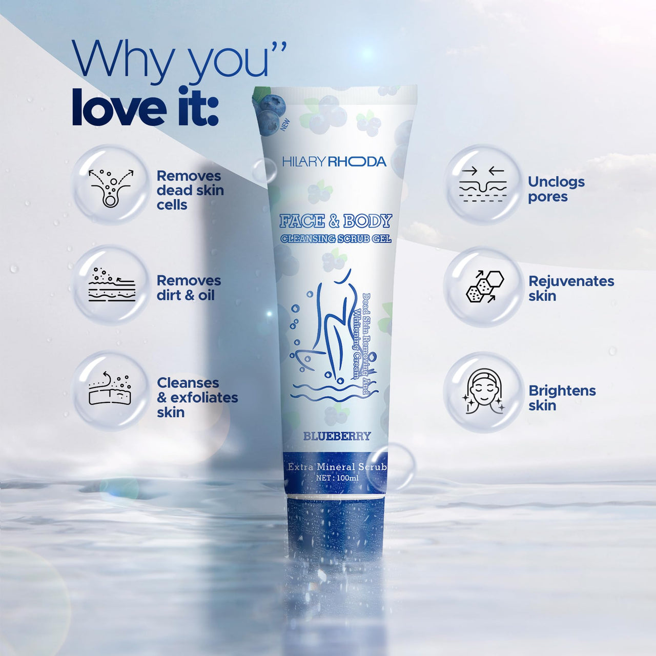 Hilary Rhoda Face & Body Cleansing Scrub Gel | Dead Skin Removing Cleansing Scrub Gel | Gently Exfoliates Skin Cells | Removes Dirt & Oil | 100ml (Blueberry -Shade 01)