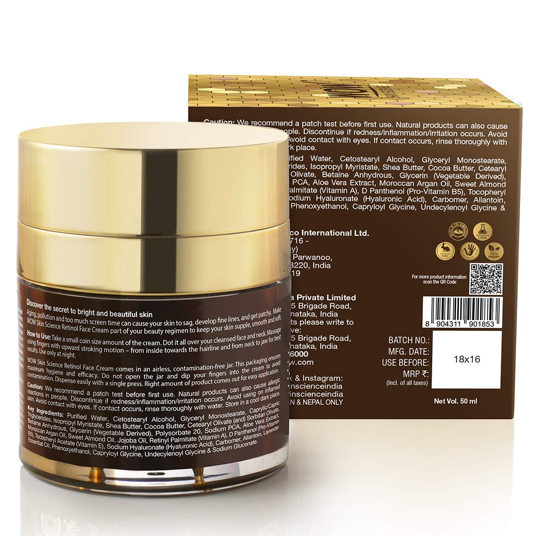 WOW Skin Science Retinol Face Cream - Oil Free, Quick Absorbing - For All Skin Types - No Parabens, Silicones, Color, Mineral Oil & Synthetic Fragrance, 50 ml
