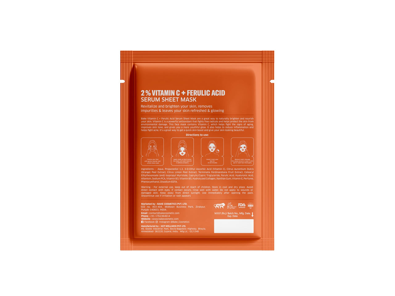 BAKE 2% Vitamin C + Ferulic Acid Serum Sheet Mask for Dark Circles, Spots & Pigmentation | Paraben Free, 100% Biodegradable | Brightening & Glow Effect