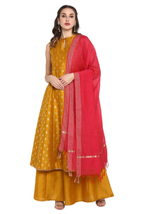Janasya Women's  Mustard Poly Silk Gold Print Kurta with Palazzo and Dupatta