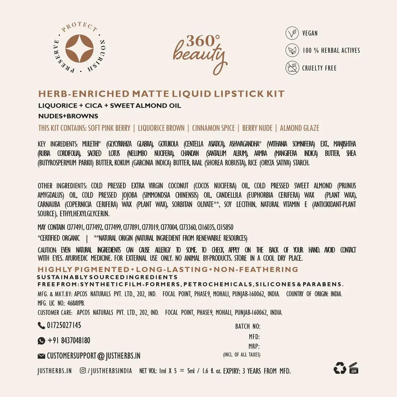 Just Herbs Ayurvedic Liquid Lipstick Kit Set of 5 with Long Lasting, Hydrating & Lightweight Lip Colour, Nudes & Browns - Paraben & Silicon Free - 5 ml
