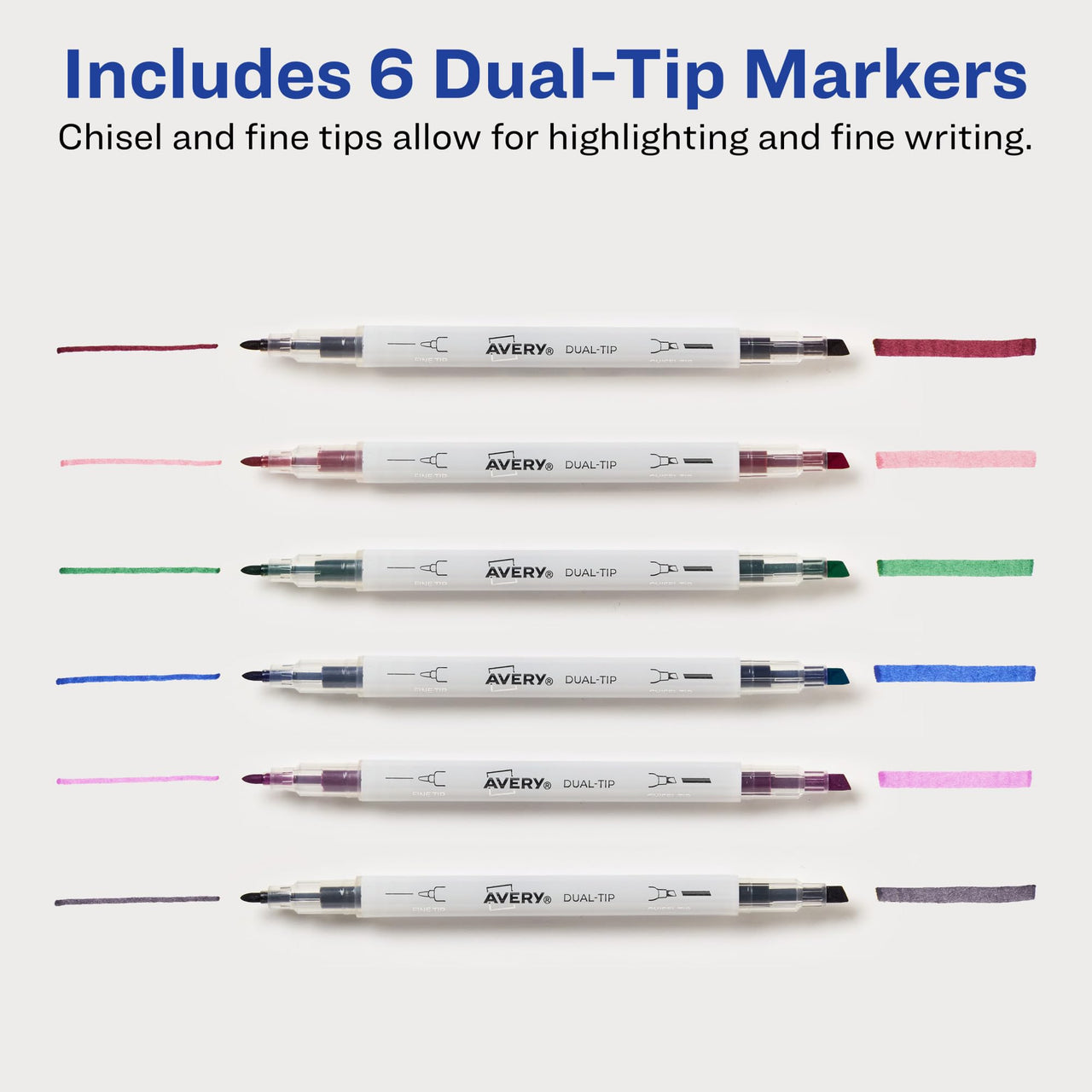 AVERY Dual Tip Markers, Fine Tip Marker and Chisel Tip Marker, Quick-Drying Water-Based Markers, Muted Neutral Colors, Ideal Planner Markers and Journal Markers, 6-Pack (25003) 6 Pack