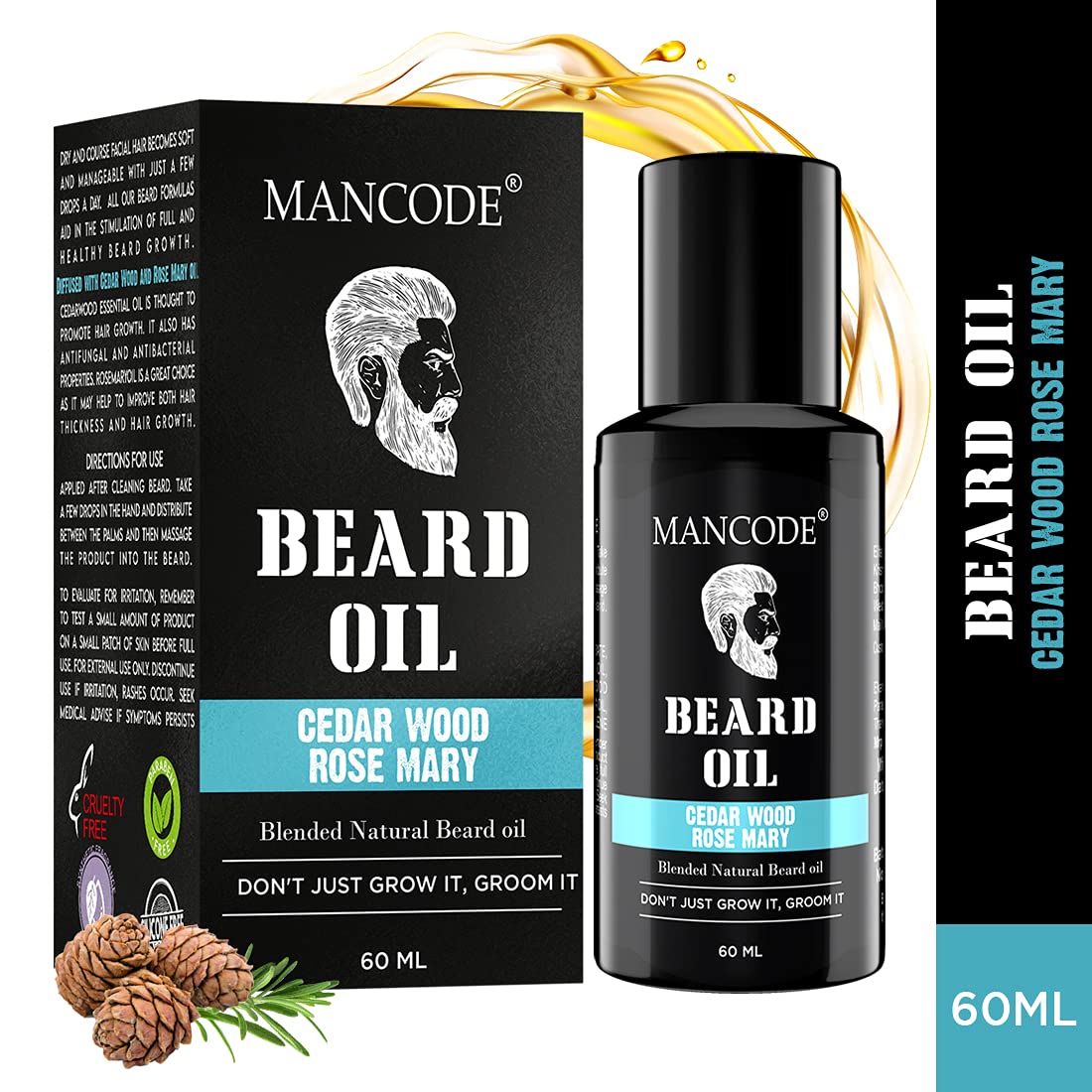 Mancode Beard Growth Oil for Men - 60ml More Beard Growth, With Cedarwood & Rose Mary Natural Oils including Vitamin E, Nourishment & Strengthening, No Harmful Chemicals