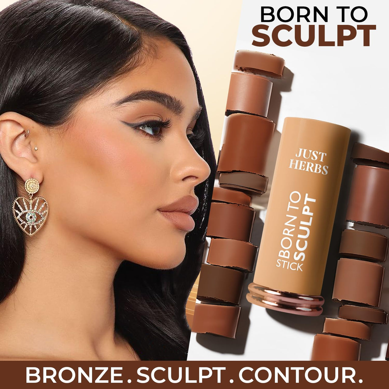 Just Herbs Super Hydrating Born To Sculpt Long Stay Bronzer Stick Infused with Shea Butter | Richly Pigmented | Defines and Uplift Appearance | Matte Finish | All Skin Types for Women 14g (Mocha)