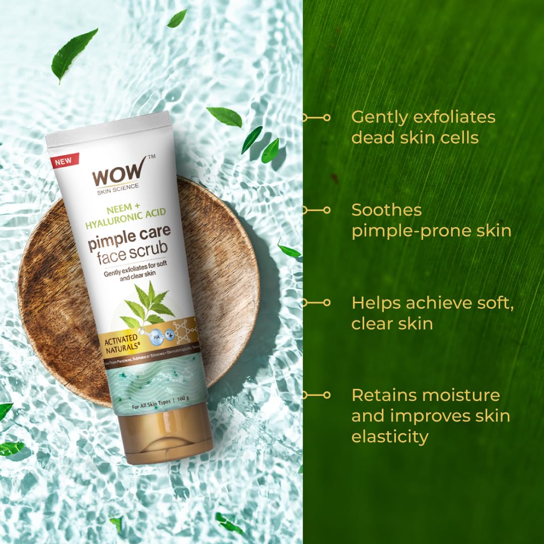 WOW Skin Science Neem & Hyaluronic Acid Pimple Care Face Scrub | Anti-Bacterial | Unclogs Pores | Removes Impurities | Improves Skin Elasticity | Hydrates Skin | 100gms