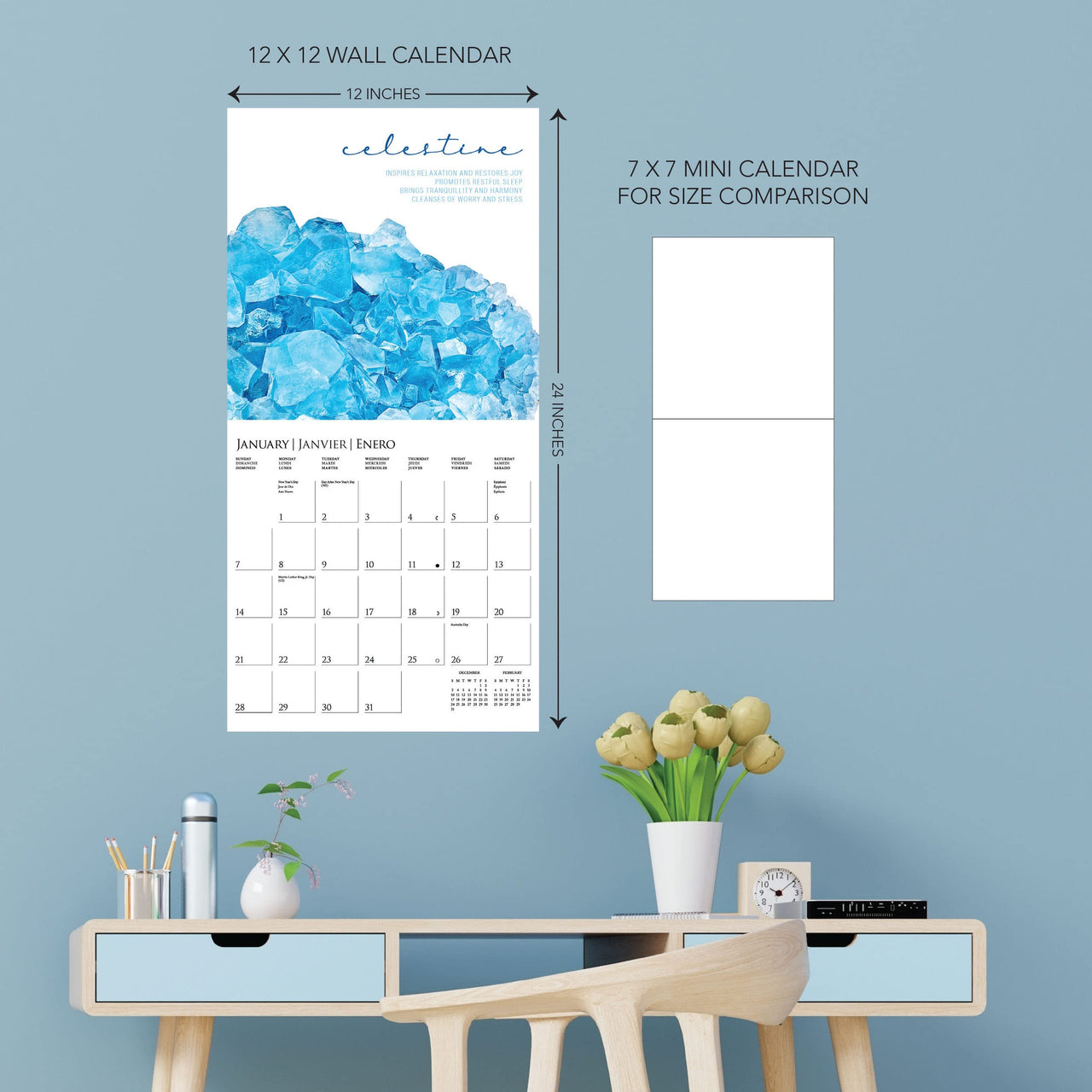 Graphique 2024 Crystals Wall Calendar | 12 x 12 | Thick Paper | Home & Office Organizer | Large Monthly Grid | 3 Languages & Marked Holidays | 4 Month Preview Page for 2025