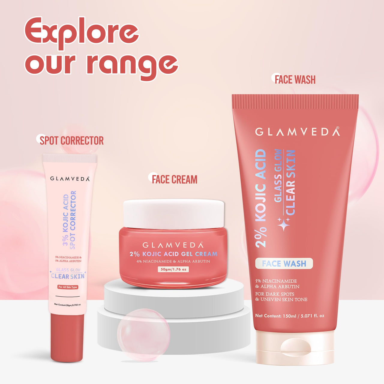 Glamveda 2% Kojic Acid Face Serum with Niacinamide & Alpha Arbutin | Skin Brightening & Hydration | Dark Spot, Blemish & Wrinkle Reduction | Glass Skin Glow | All Skin Types