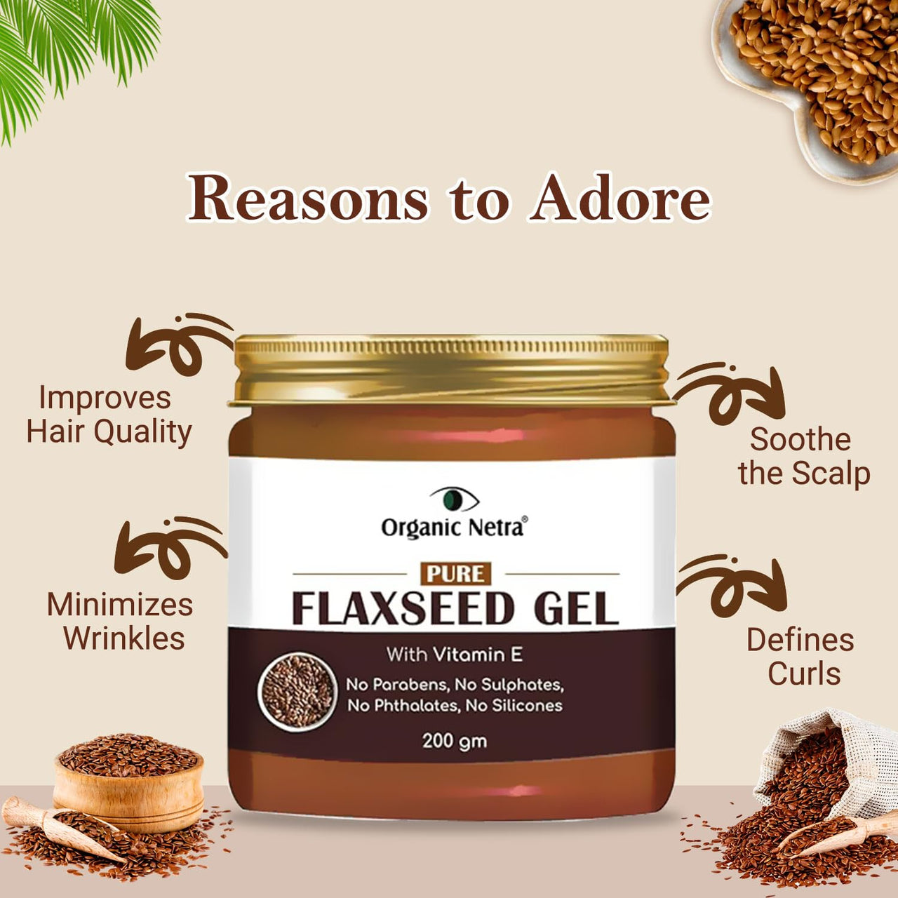 Organic Netra Pure Flaxseed Gel with Vitamin E for Hair and Skin Strengthens and Nourishes Hair and Skin Health Safe for All Skin Types Reduces Fine Lines and Wrinkles 200g
