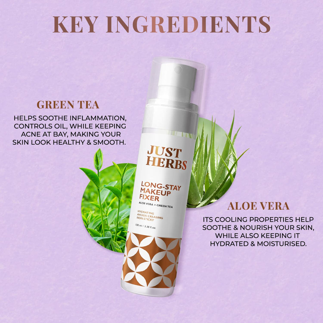 Just Herbs Long Stay Non Sticky Makeup Fixer, Setting Spray for Face Makeup with Aloevera and Green Tea 100 ml
