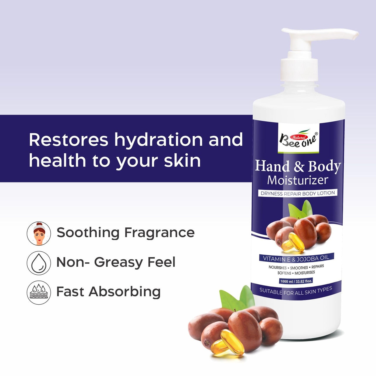 Bee One 24 hr Moisture Lock Body Lotion, for Soft and Supple Skin(Pack of 2) | 1000ml x 2= 2000ml (Hand & Body)