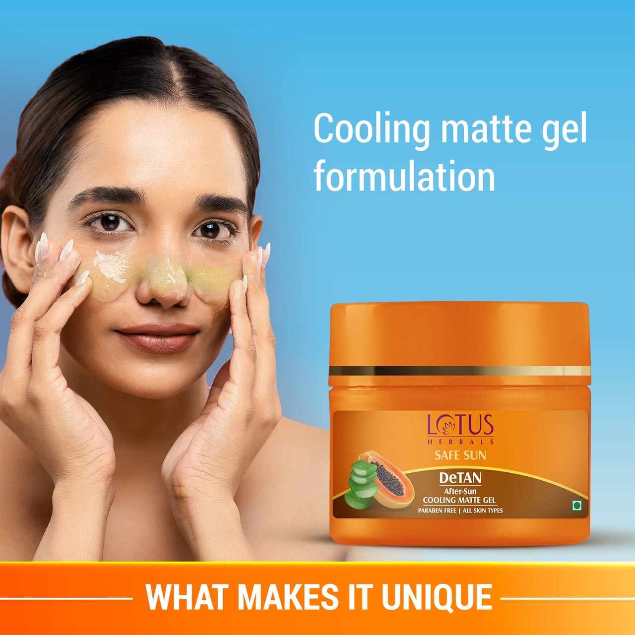Lotus Herbals Safe Sun Detan After-Sun Cooling Matte Gel, Papaya & Aloe Vera, Paraben Free, All Skin Types, Green, 100g