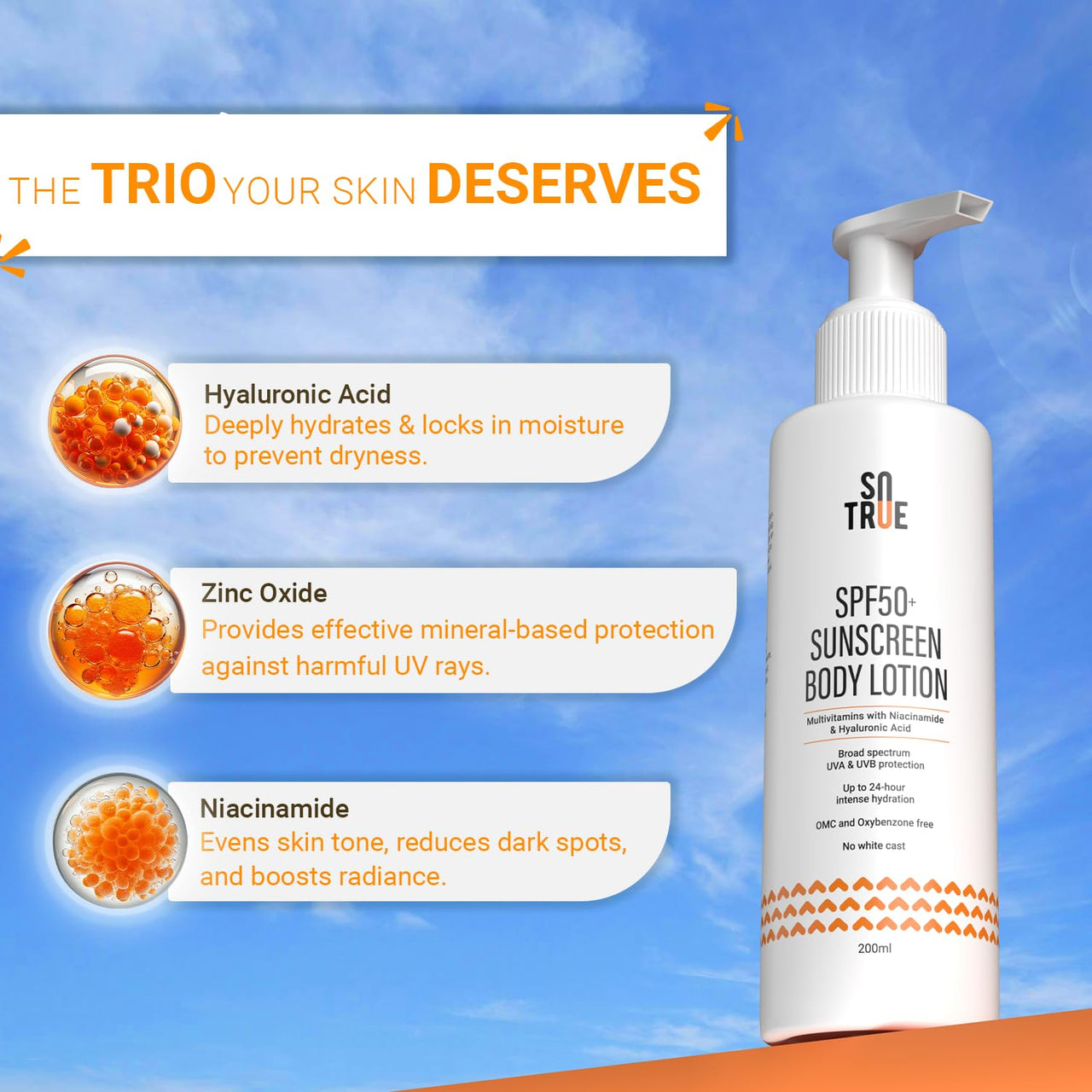 Sotrue SPF 50+ Sunscreen Body Lotion With UVA & UVB Protection, Upto 24-Hours Intense Hydration, Multivitamins with Niacinamide & Hyaluronic Acid, No White Cast, Lightweight, 200ML