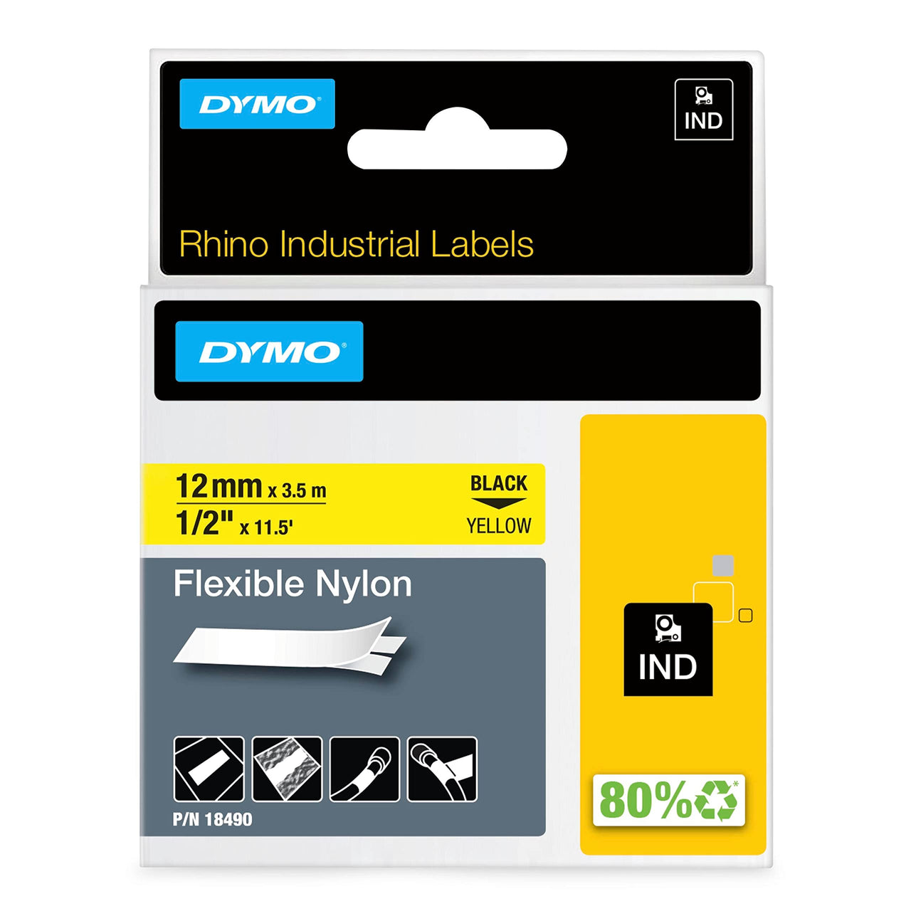 DYMO Rhino Industrial Flexible Nylon Labels, 1/2" x 11.5', Black Print on Yellow Tape Black on Yellow 1/2" (12MM)