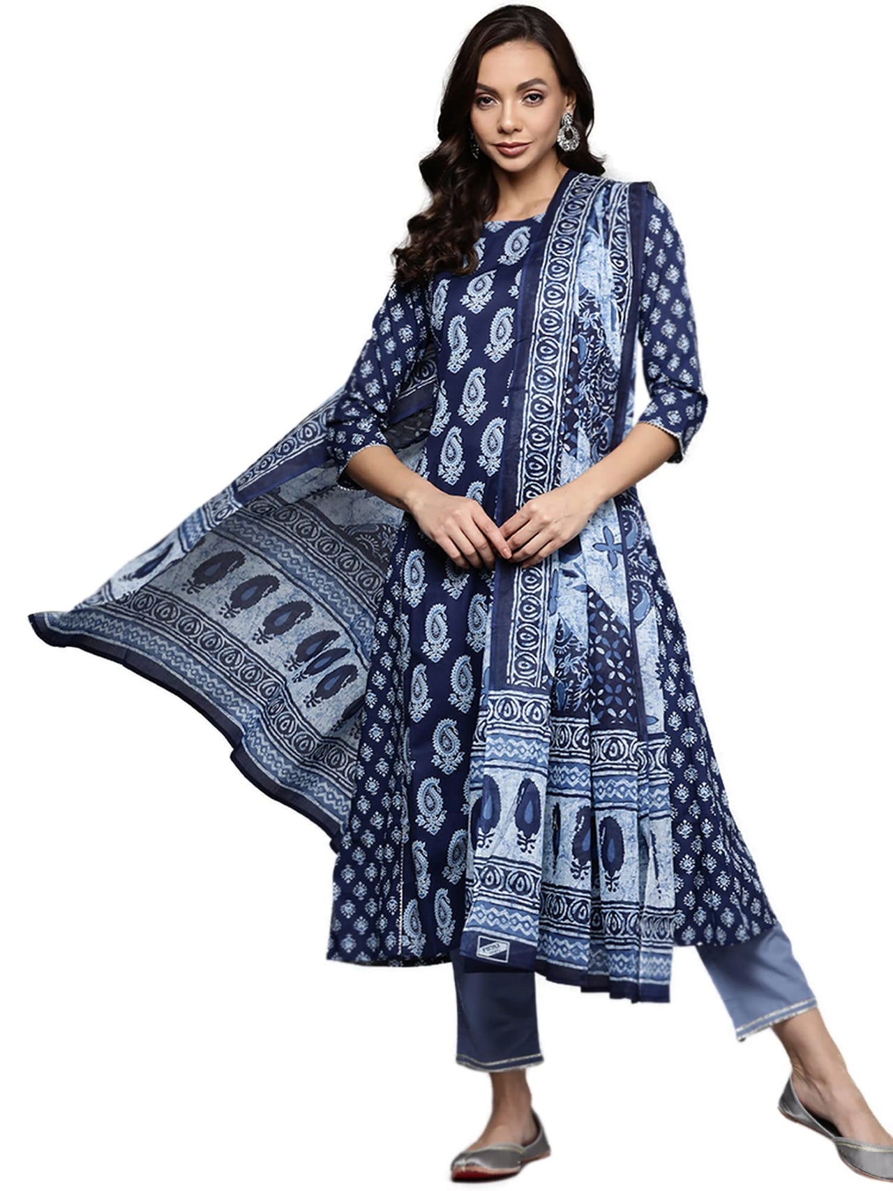 INDO ERA Women's  Cotton Blend Ethnic Motifs Straight Kurta Trousers with Dupatta Set (RRRRR4119)