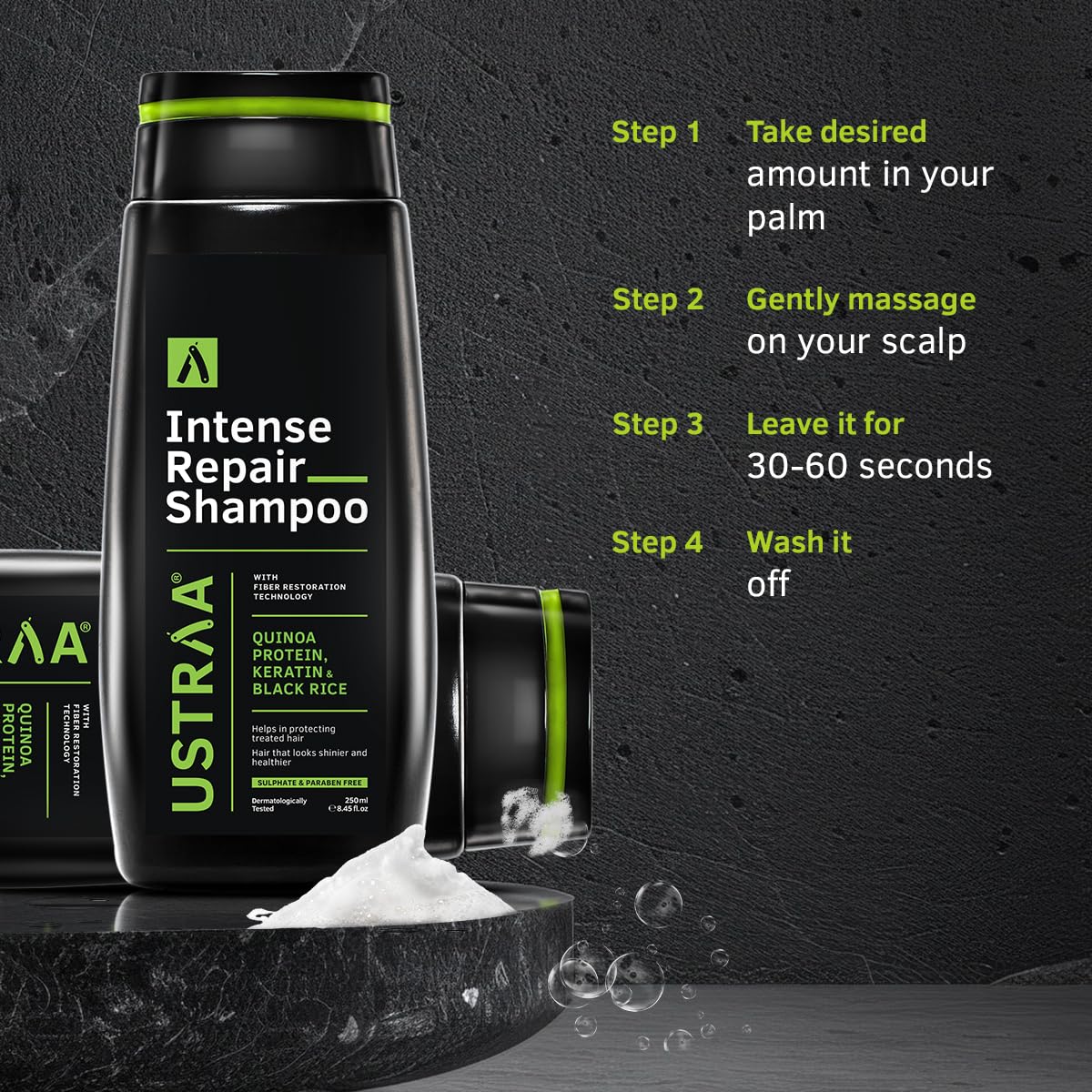 Ustraa Intense Repair Shampoo - 250 ml - Set of 2 | Fiber Restoration Technology | Helps Protect & Restore Hair Bonds | with Black Rice, Quinoa Extracts & Keratin | No SLS, No Paraben