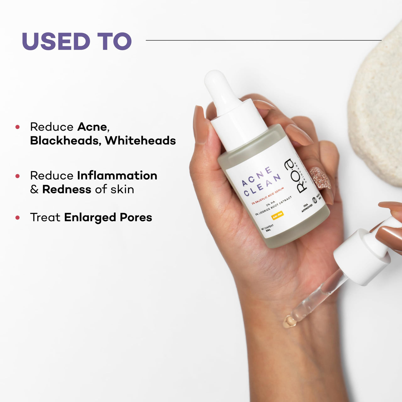 R.O.A Skincare Acne Clean | 2% Salicyclic Acid, 3% Licorice Root Extract, 1% Ha Serum for face acne, blackheads and open pores | Improves skin texture for Acne Prone skin | Men & Women | 30Ml