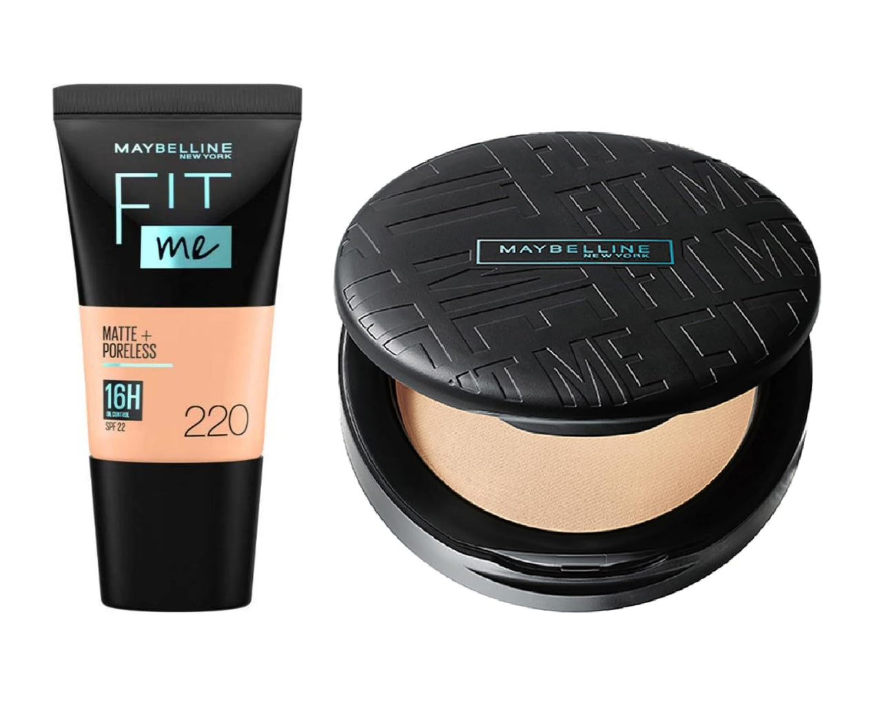 Maybelline New York Fit Me Matte + Poreless Liquid Foundation Tube For All Skin Types, Spf 22-18Ml + Fit Me Matte + Poreless Compact Powder, Spf 32 +++, 6G (Shade 220 Natural Beige) (2 Item In Set)