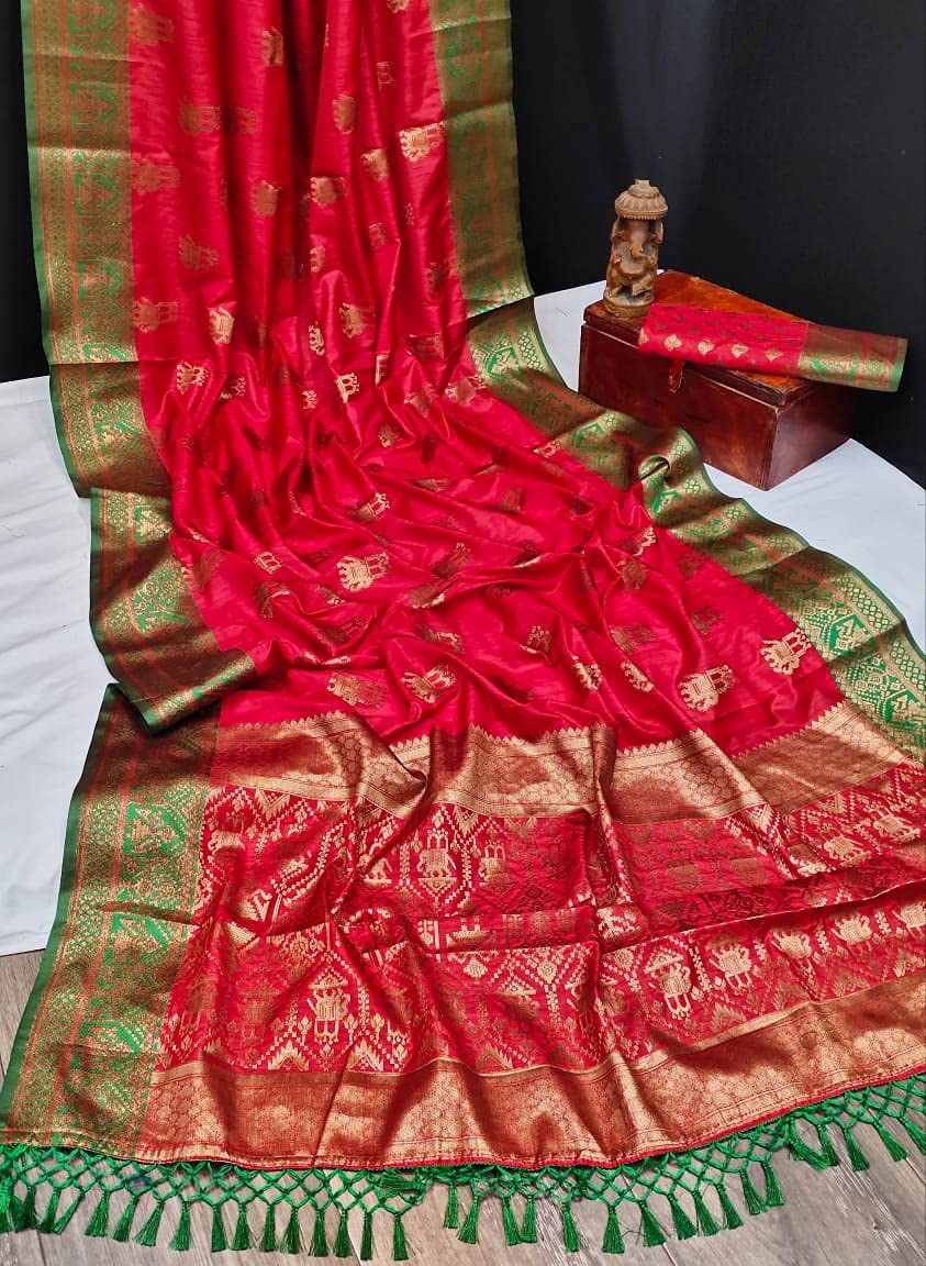 NK Textiles Women's  Elephant Motifs Woven Kanjivaram Ghicha Tussar Silk Saree with Fancy Tassels