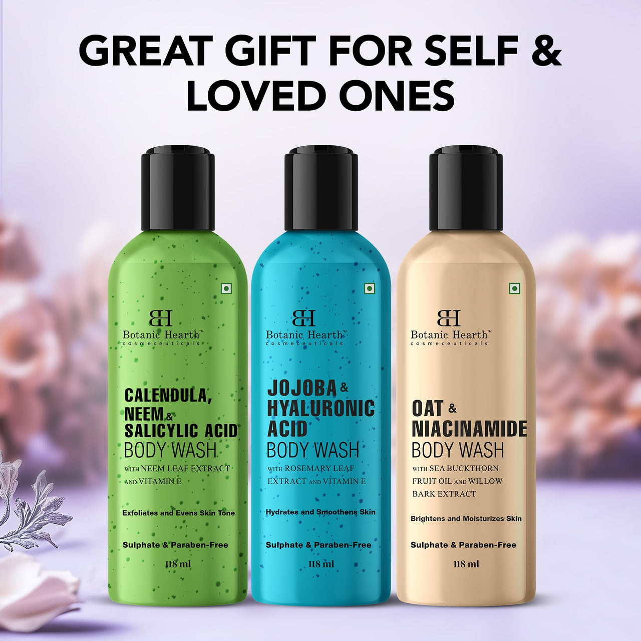 Botanic Hearth Body Wash Set of 3 – Jojoba, Oat & Neem | Soothing & Exfoliating Shower Gel with Niacinamide & Salicylic Acid | Deep Cleansing & Hydrating | For All Skin Types | 118ml Each