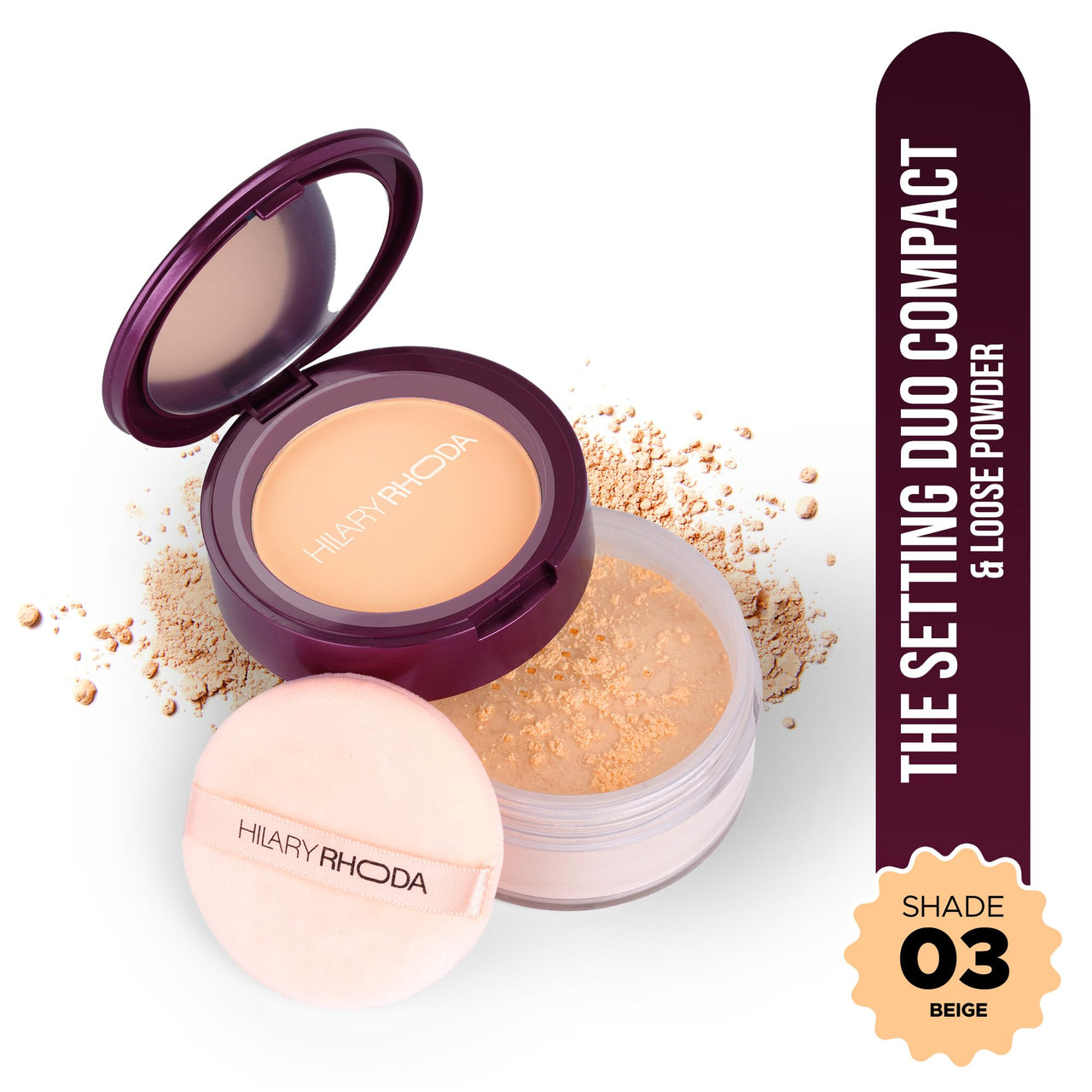 Hilary Rhoda The Setting Duo Compact & Loose Powder | 2-in-1 | Matte Finish | Blends Effortlessly | Oil Control | 32g (Beige | Shade 03)