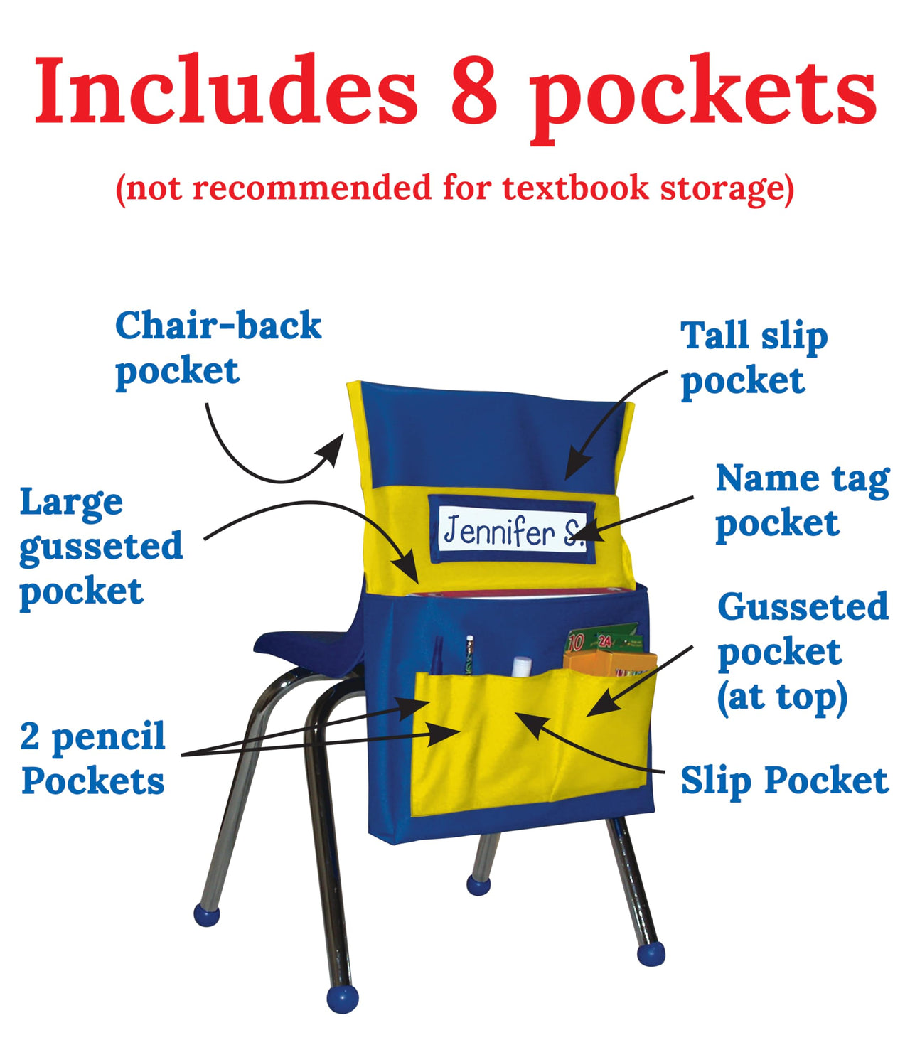 Carson Dellosa 15" W x 19" H Canvas Blue and Yellow Chairback Buddy Pocket Chart, Classroom Chair Organizer, Classroom Chair Storage with 6 Chair Pockets and Student Name Tag, Seat Storage Organizer 1 pack Blue & Yellow