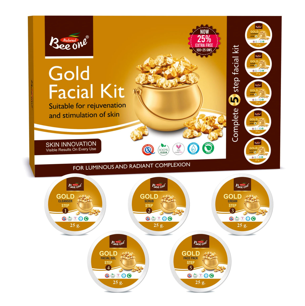 BEE ONE GOLD FACIAL KIT 125 GMS All Skin Types Skin For Women Prevents from Anti Aging Glowing Skin