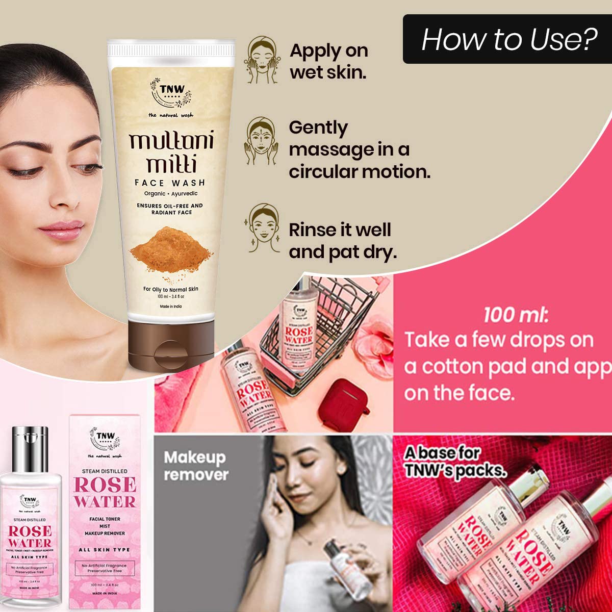 TNW-The Natural Wash Multani Mitti Face Wash (100ml) & Steam Distilled Rose Water (100ml) | Face Wash and Rose Water/Makeup Remover for All Skin Types | Combo