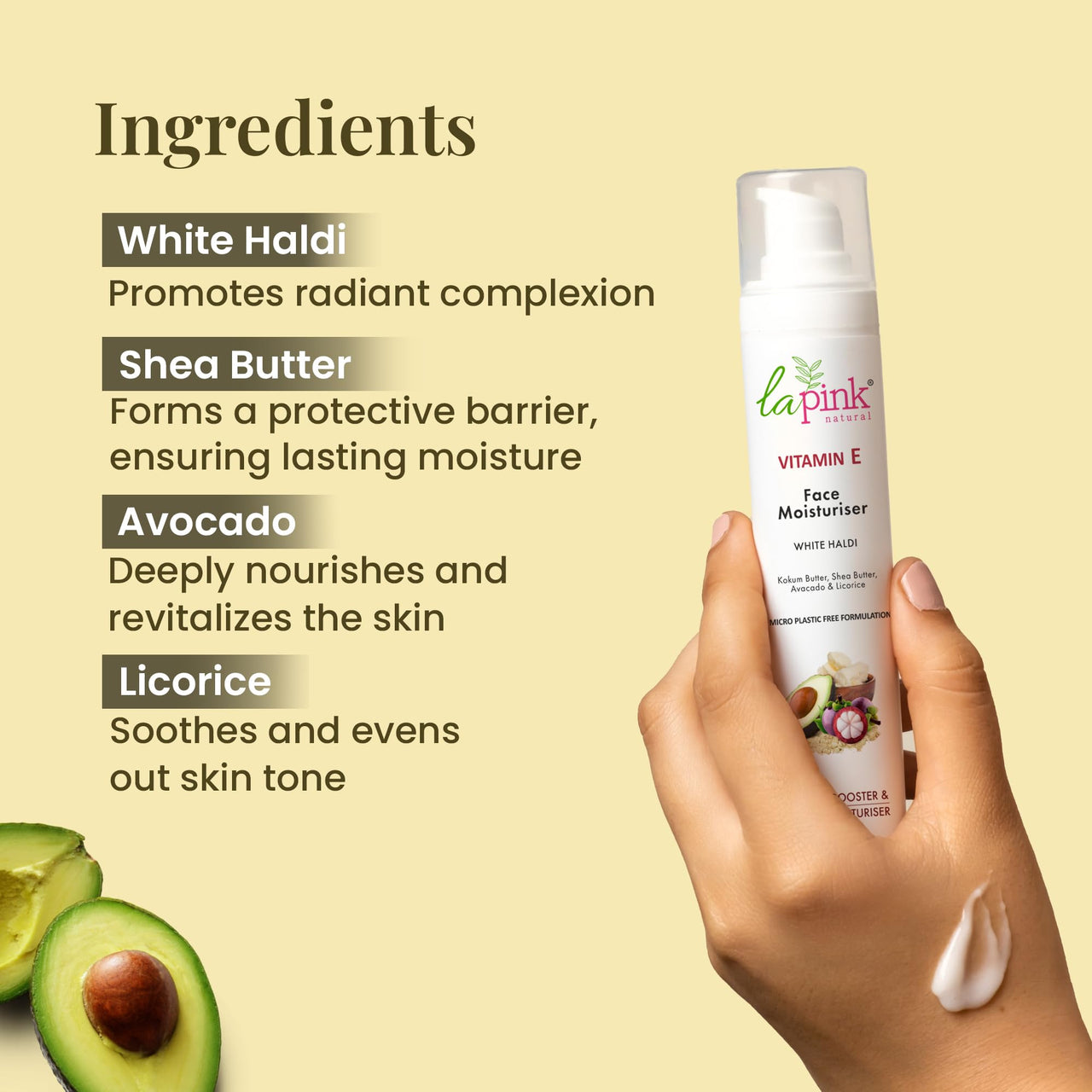 La Pink Vitamin E Moisturiser for Glowing & Hydrated Skin | Oil-free Moisturizer, Spreads Easily, Non-Sticky & Absorbs Instantly | Suitable for All Skin Types | 100% Microplastic Free Formula (50g)