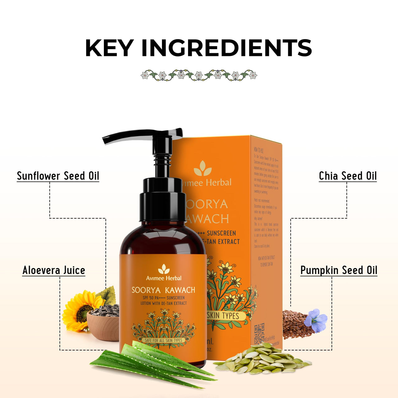 Avimee Herbal Soorya Kawach SPF 50 PA ++++ Sunscreen Lotion with Detan Extract | Broad Spectrum UVA, UVB & Blue Light Protection | For Acne & Marks Free Skin | 100 mL