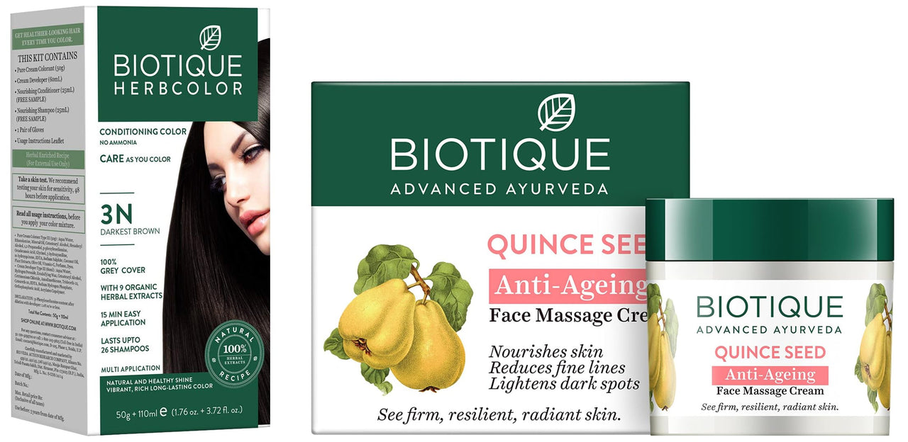 Biotique Bio Herbcolor Conditioning Hair Color, 50g + 110ml - Darkest Brown 3N (Pack of 1) & Biotique Bio Quince Seed Nourishing Face Massage Cream For Normal To Dry Skin, 50G