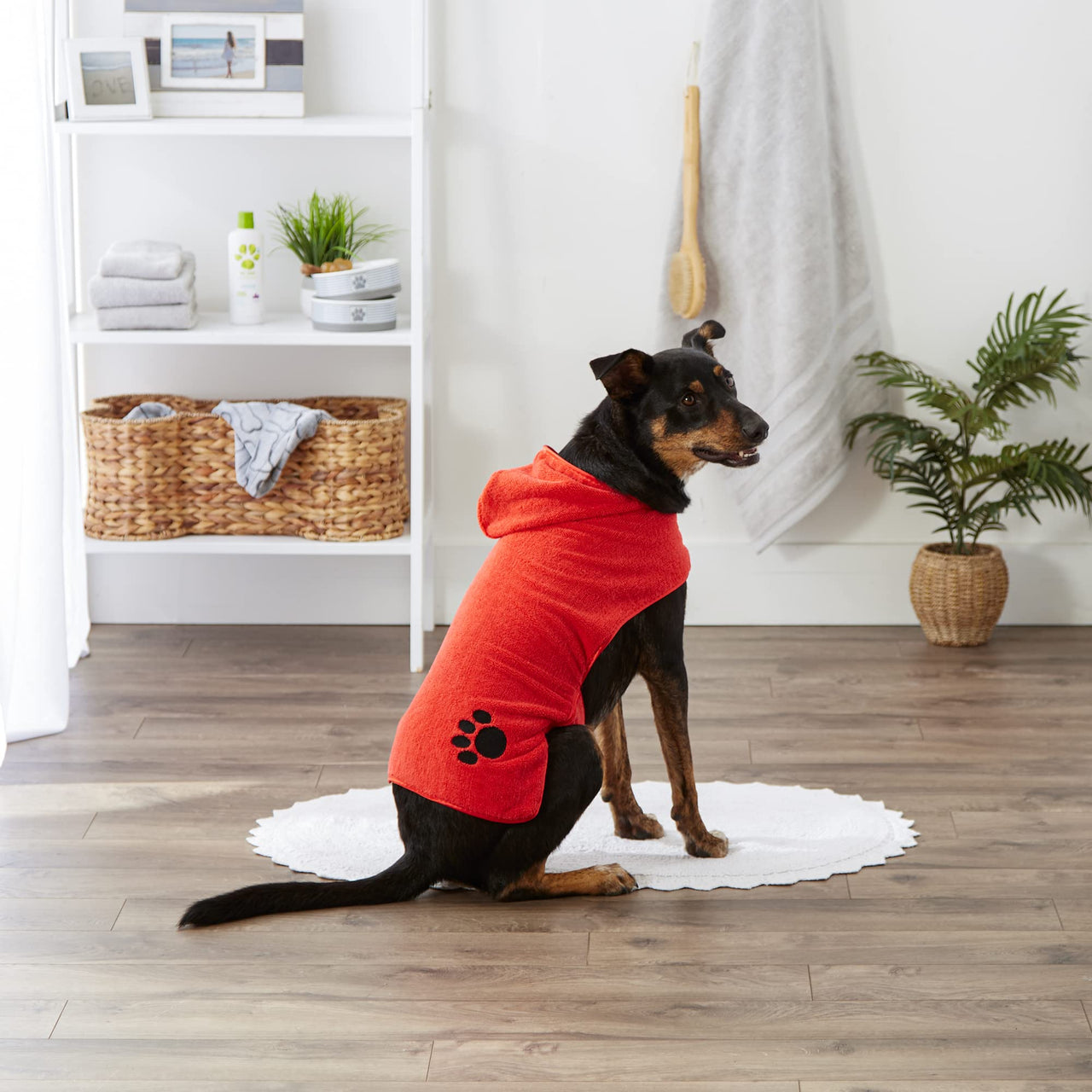Bone Dry Pet Robe Collection, Embroidered Absorbent Microfiber Bath Robe with Adjustable Closure, for Dogs & Cats, Medium, Red