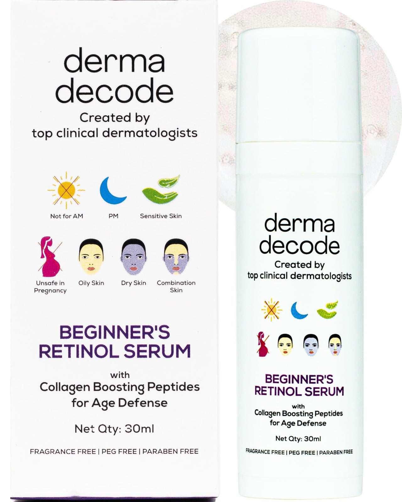 Derma Decode Retinol Night Serum - 0.5% Retinol, 3% Peptides, 5% Niacinamide, 1% Hyaluronic Acid Face Serum for 30+ & 40+ - Ideal for Oily, Dry, Sensitive Skin - 30ml Airless Pump
