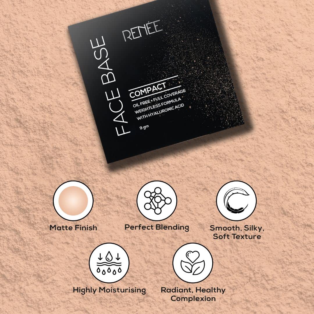 RENEE Face Base Compact Powder Cashew Beige 9gm, Enriched With Hyaluronic Acid & Vitamin E, Long - Lasting, Easy Blend, Matte Finish, for All Skin Types