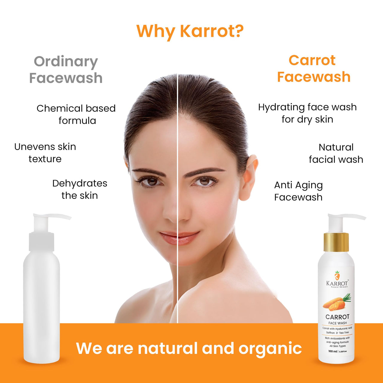Karrot Natural Skincare Carrot Hydrating Face Wash, Boosts Radiance and Evens Skin Tone, with Hyaluronic Acid, Saffron and Tea Tree, For Women and Men, Suitable for All Skin Types, 100 ml