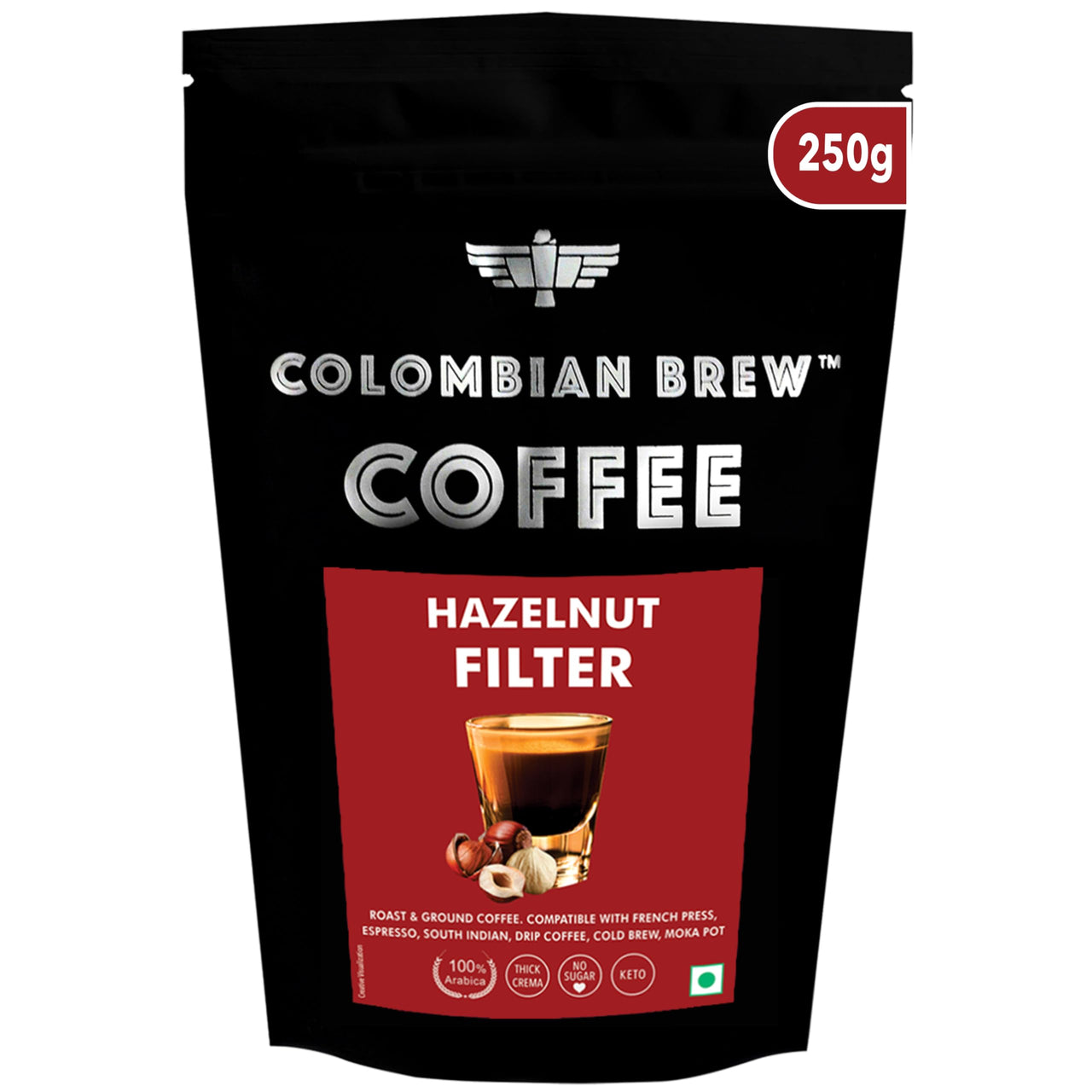 Colombian Brew Hazelnut Filter Coffee Powder, Arabica Roast & Ground, 250g (Make Espresso, French Press, Cold Brew, Hot Brew)