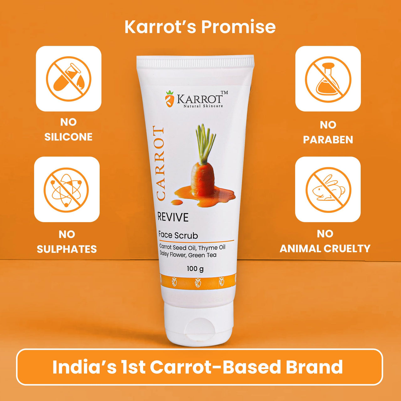 Karrot Natural Skincare Carrot Exfoliating Scrub for Glowing and Brightening Skin, Revitalizes Dullness and Rejuvenates, Contains Green Tea, Thyme Oil, For Men and Women, All Skin Types, 100gms