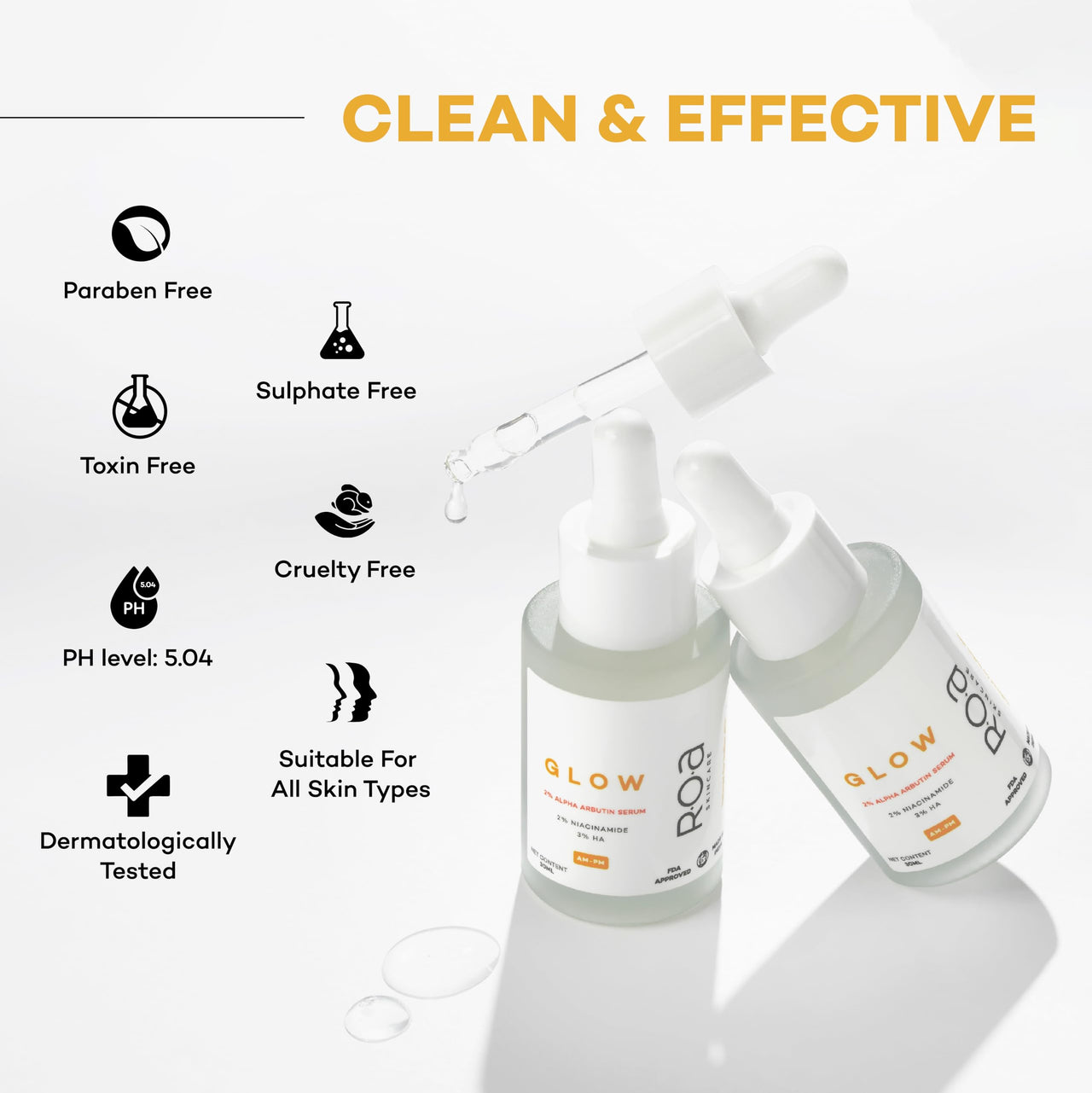 R.O.A Skincare GLOW face serum for Dark spots and open pores reduction with 2% Alpha Arbutin 2% Niacinamide and 3% Hyaluronic acid | Advanced Dark spot correcting glow serum for Men and women (30ml)
