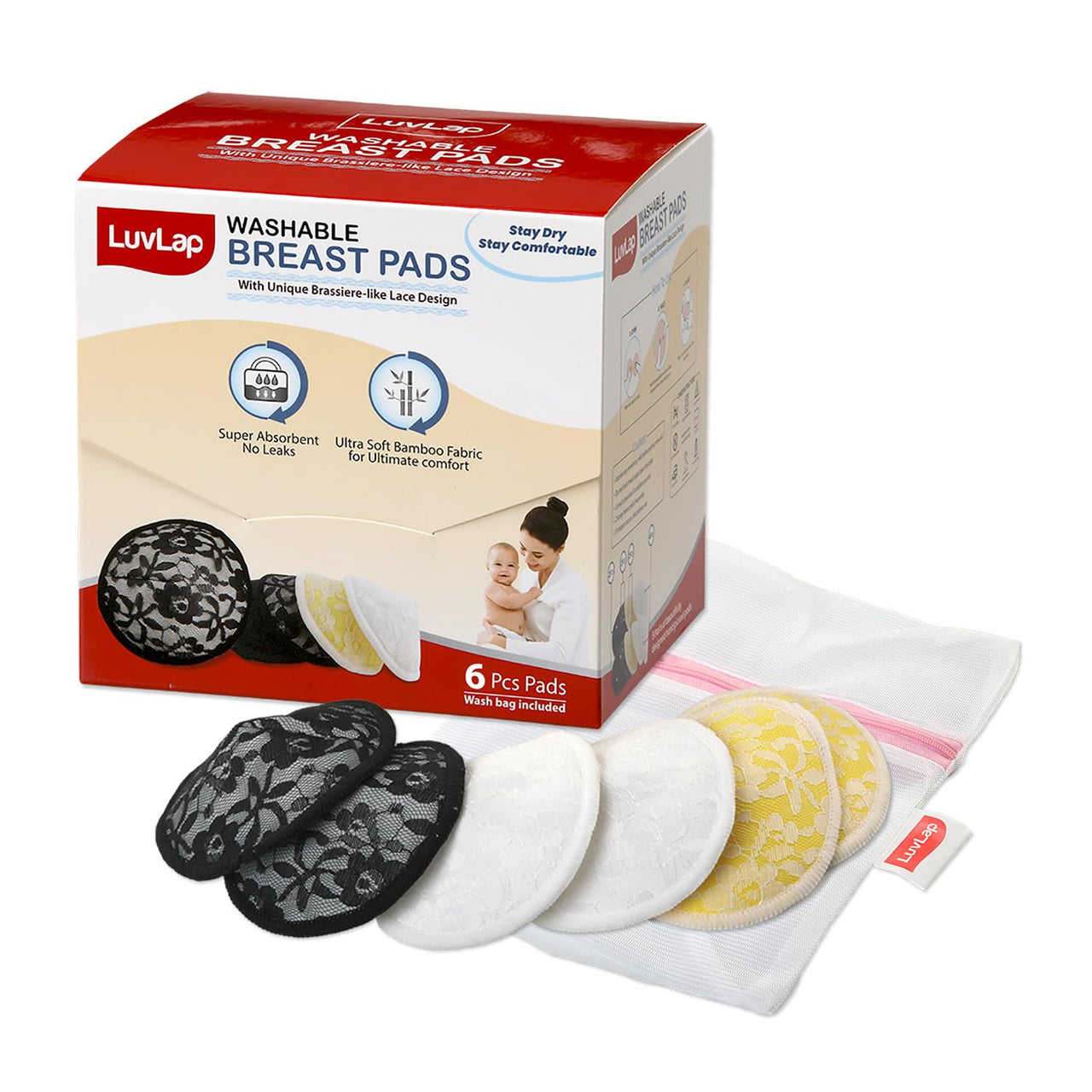 LuvLap Natural Bamboo Washable Nursing Breast Pads for Breast feeding mothers, Beautiful Lace Style, Contoured Shape for snug fit, Nipple Pad, Includes Laundry Bag, Super absorption, 6Pc