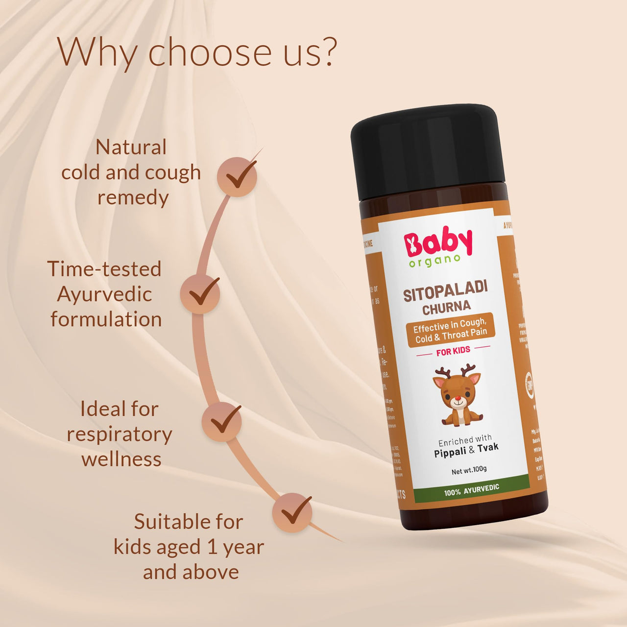 Babyorgano Sitopaladi Churna or Churan (1-15 Years) - Ayurvedic Classical Remedy for Cough Cold, Sore Throat & Digestive Wellness for Kids - 100gm
