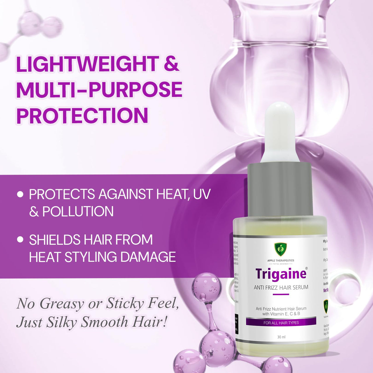Trigaine Anti-Frizz Hair Serum 30ml | Detangle Hair Controls Frizz Repairs Dry & Brittle Hair | Argan Oil Vitamin E C & B Enriched Leave-In Hair Serum | Lightweight Non-Greasy