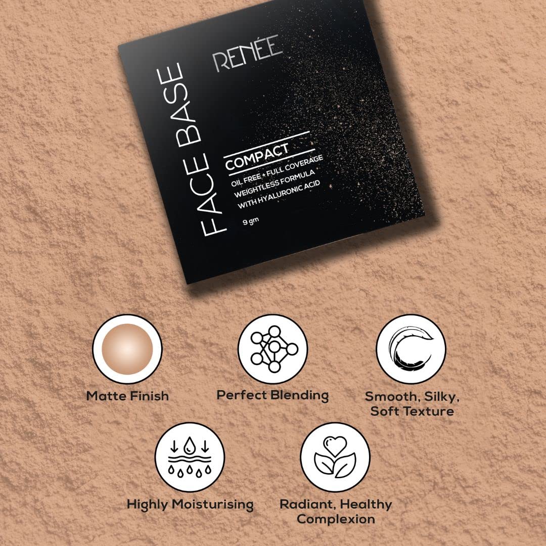RENEE Face Base Compact Powder Walnut Beige 9gm| Enriched with Hyaluronic Acid & Vitamin E| Long-lasting, Easy Blend, Matte Finish