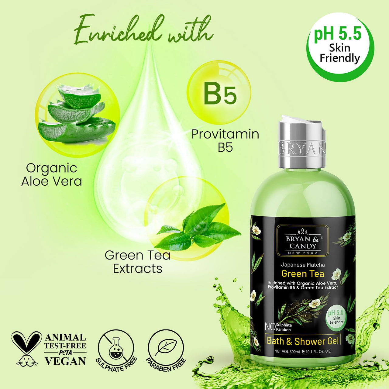 Bryan & Candy Green Tea Shower Gel (300ml) with Aloe Vera. Gentle, Moisturizing Body Wash for Soft, Supple Skin