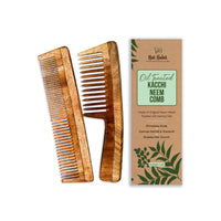 Nat Habit - Kacchi Neem Wooden Comb - Soaked In 17 Herbs, Neem & Sesame Oil For Multi-Actions - Detangling, Frizz Control & Shine (Dual Tooth & Wide Tooth) Combo Pack of 2
